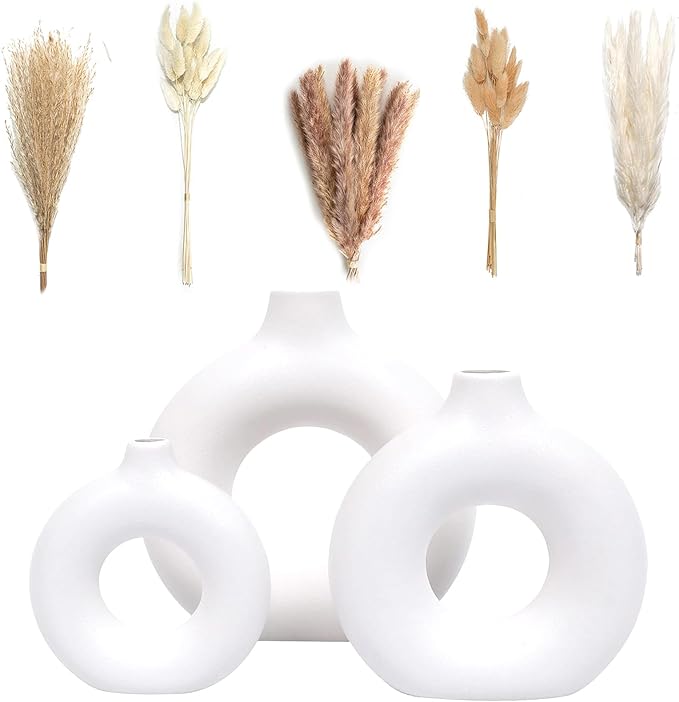 VELOVA Set of 3 White Ceramic Vase with 65 PCS Dried Pampas Grass Flowers Aesthetic Boho Modern Small Round Cute Vases for...