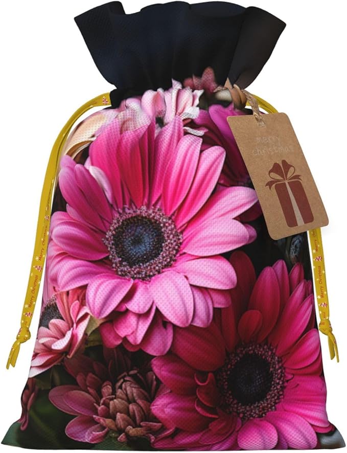 LHBZXMKJ Pink Orange Daisy Flower Print Drawstring Present Bags Christmas gifts Wrapping Sacks Pouches for Xmas Party ﻿
