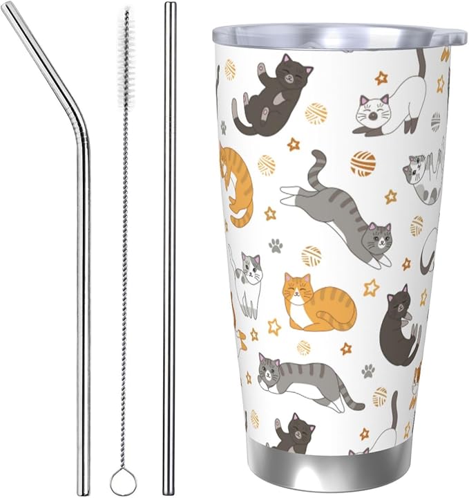 Sanghing Cute Cat Tumbler with Lid and Straw, 20 OZ Stainless Steel Water Bottle Travel Coffee Mug Double Wall Insulated C...
