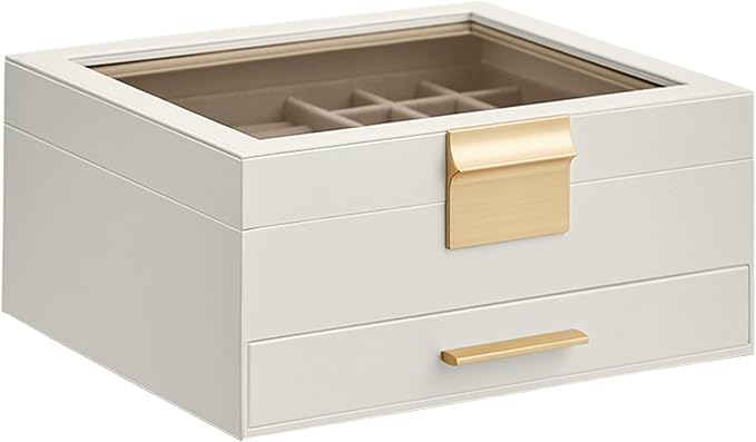 SONGMICS GISELLA Collection - Jewelry Box Organizer, 2-Layer Jewelry Storage with 1 Drawer, Shiny Metal Hardware, Glass Li...