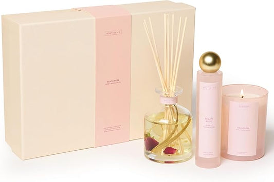 Benevolence LA Beach Rose Gift Box | Candle, Room Spray & Reed Diffuser | Rose & Sandalwood | Elegant Home Fragrance | Rea...