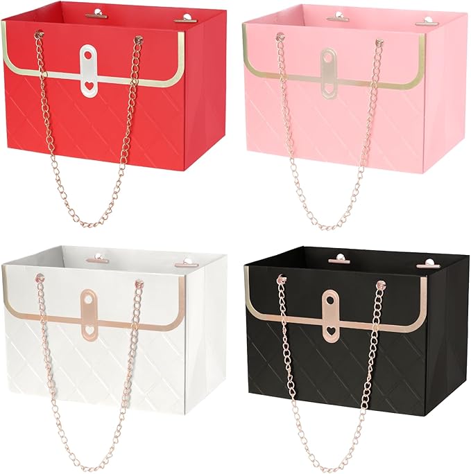 4 Pack Flower Paper Gift Bags Portable Bouquet Storage Bucket Paper Flower Handbag Boxes with Metal Chain Bouquet Carrier ...