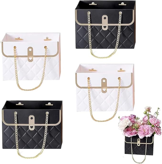 NADUSEP 4 PCS Flower Paper Gift Bag, Bouquet Storage Bucket Florist Handbag with Metal Chain, Wedding Gift Wrap Bag Flower...