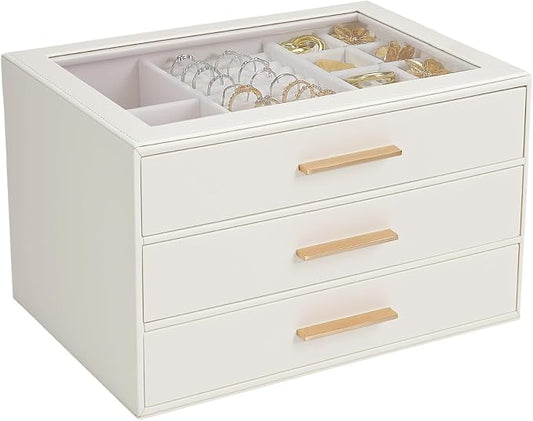 GUOER Jewelry Box for Women, Glass Lid Jewelry Organizer with 3 Drawers PU Jewelry Storage Case for Necklaces Rings Earrin...