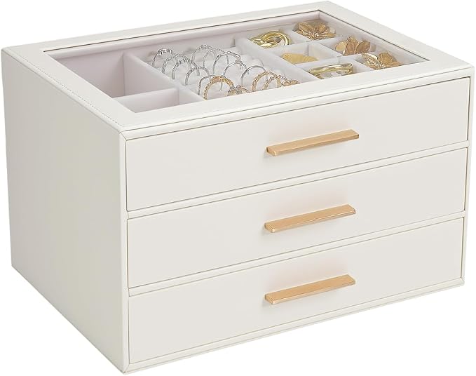 GUOER Jewelry Box for Women, Glass Lid Jewelry Organizer with 3 Drawers PU Jewelry Storage Case for Necklaces Rings Earrin...