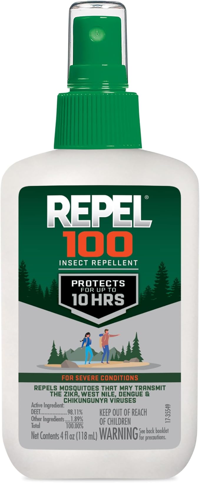 Repel 100 Insect Repellent, 4 Ounces, With DEET, 10-Hour Protection Long-Lasting Insect Repellent Pump Spray Repels Mosqui...