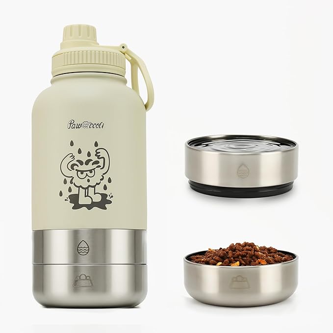 Pawccoli 34oz Dog Water Bottle, Stainless Steel Dog Water Bottle Dispenser with Detachable Food & Water Bowls, Keeps Water...