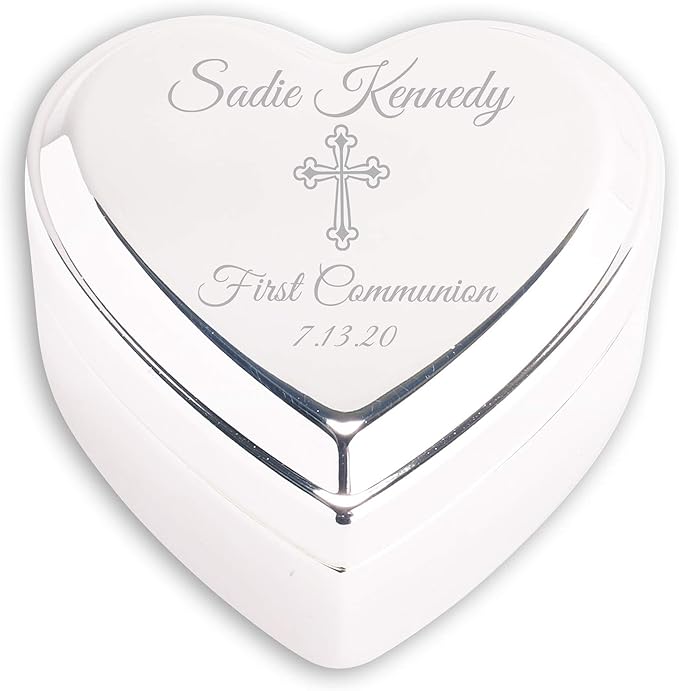 Cherished Moments Personalized Heart Jewelry Keepsake Box with Custom Engraved Cross and Name for First Communion Gift for...