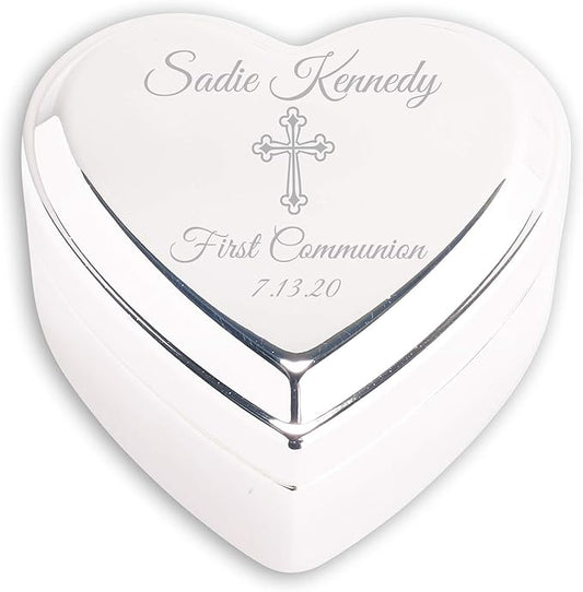 Cherished Moments Personalized Heart Jewelry Keepsake Box with Custom Engraved Cross and Name for First Communion Gift for...