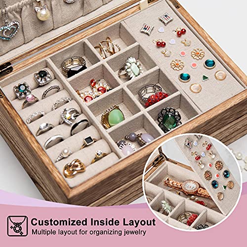 Pinzoveco Jewelry Box for Women, Rustic Wooden Jewelry Organizer Box for Storage Earrings Rings Necklace Bracelet, Farmhou...