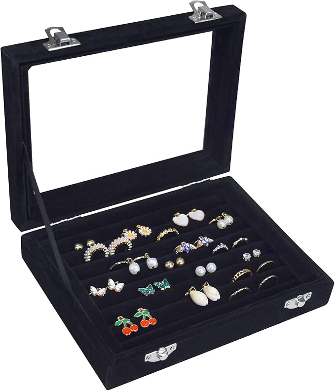 Vicoter Rings Organizer Tray 7 Slots Velvet Jewelry Earring Storage Box with Transparent lid Jewelry Display Case for Girl...