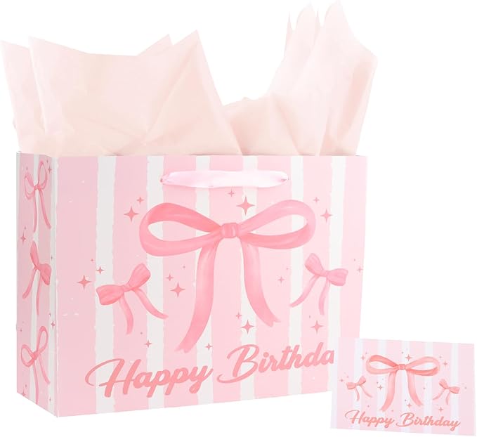 ACO-UINT Happy Birthday Gift Bags for Women Pink Bow Gift Bag with Tissue Paper and Ribbon Handles Pink Birthday Card, Cle...