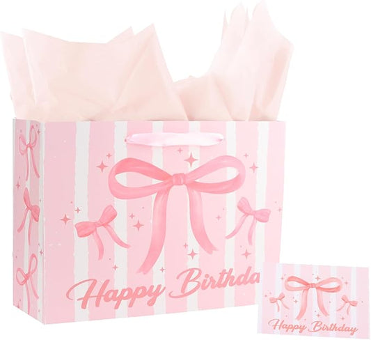 ACO-UINT Happy Birthday Gift Bags for Women Pink Bow Gift Bag with Tissue Paper and Ribbon Handles Pink Birthday Card, Cle...