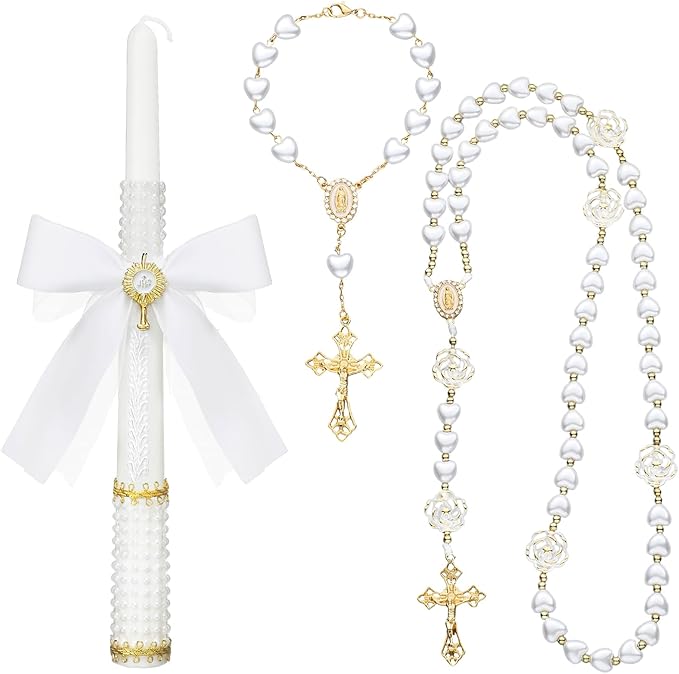 WILLBOND 3 Pcs Baptism Candle Gifts Set First Communion Rosary and Candle Set Catholic Bracelets Cross Necklace Holy Commu...
