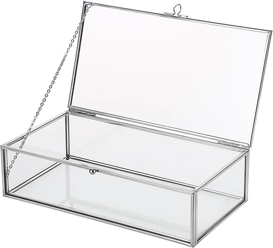 Hipiwe Glass Keepsake Display and Jewelry Organizer With Lid - Silver Decorative Clear Rectangle Storage for Trinket Perfu...