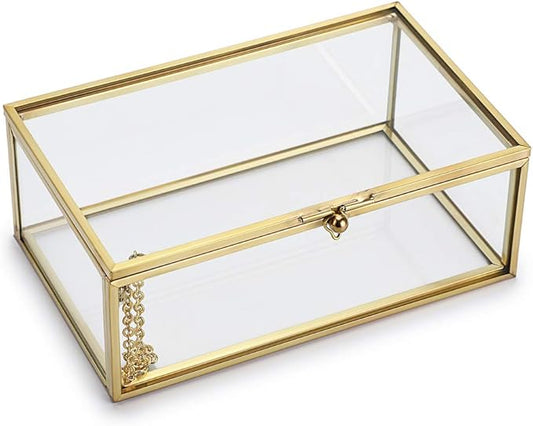 Hipiwe Vintage Glass Keepsake Box, Rectangle Jewelry Display Organize Vanity Lidded Box Home Decor Accent Decorative Box f...