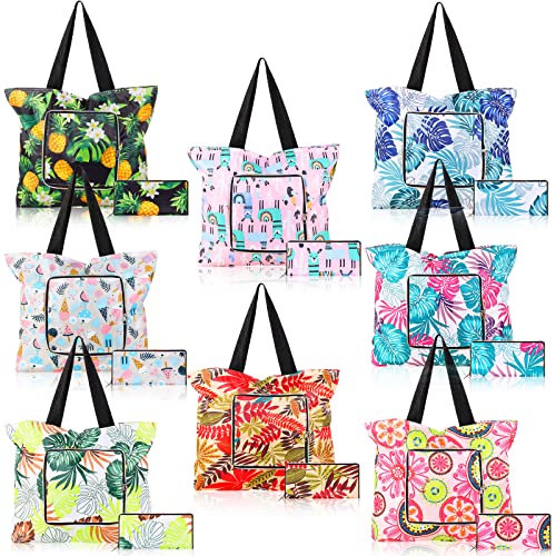 Cunno 8-pack Summer Beach Tote Bags, Waterproof Sandproof Reusable Shopping & Groceries Bags with Zipper Foldable Pocket-s...
