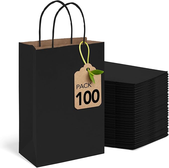 MESHA Black Gift Bags 5.25x3.75x8 Inch Small Kraft Paper Bags with Handles Bulk,100 Pack for Small Business,Wedding Party ...