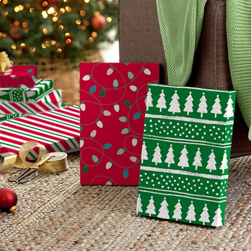 Hallmark Medium Christmas Gift Boxes with Lids (12 Shirt Boxes, 3 Designs: Lights, Trees, Red and Green Stripes) for Chris...