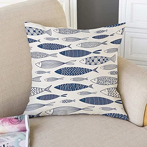 VERSUSWOLF Throw Pillow Covers for Couch Ornamental Fish Bed Or Sofa Pillows Case Blue Doodle Cute Sea Sketch Ornate Aquat...