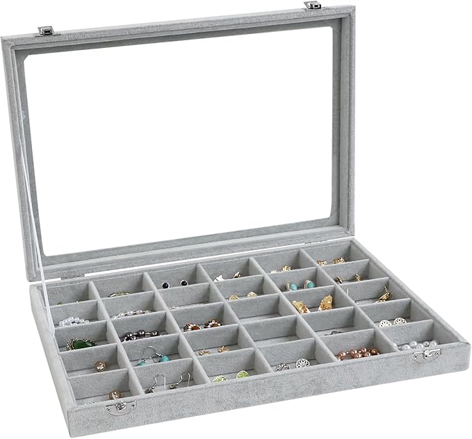 Wudygirl 30 Grid Jewelry Organizer Velvet Jewelry Box Jewelry Tray with Clear Lid Storage Case Showcase Display Stackable ...