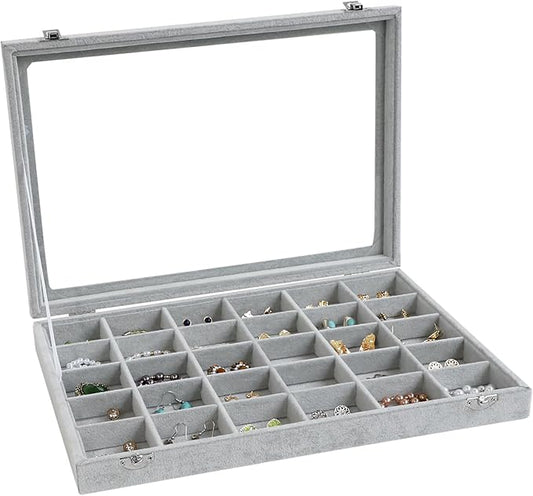 Wudygirl 30 Grid Jewelry Organizer Velvet Jewelry Box Jewelry Tray with Clear Lid Storage Case Showcase Display Stackable ...