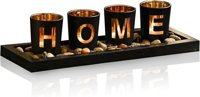 MrMrKura Home Decorative Candle Holder Set, 4 Glass Tea Light Candleholders with Wooden Candle Holders Tray, Natural Pebbl...