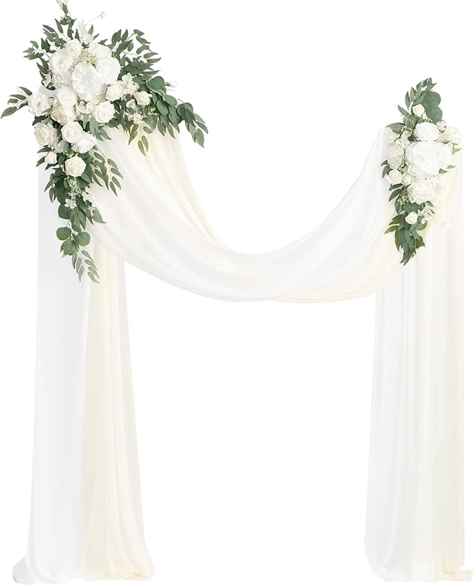Ling's moment Artificial Wedding Arch Flowers Kit Pack of 4, 2pcs Hanging Silk Flowers Arrangement 2pcs Chiffon Drapes Cer...