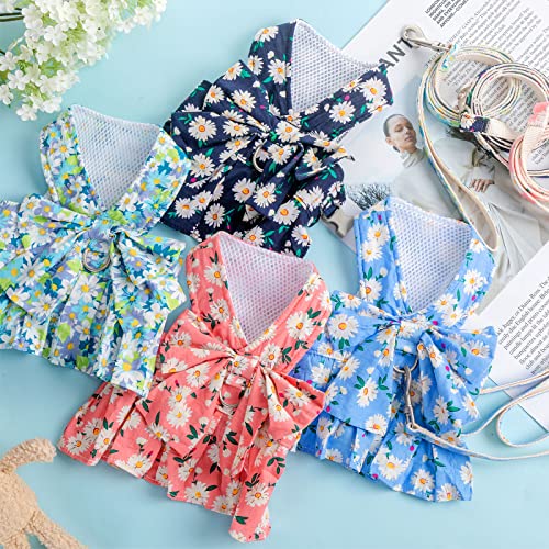 Sanwuta 4 Pack Harness Dog Dress Bowknot Leash Set Floral Princess Dog Harness Dress Vest with Leash Pet Doggy Outfits for...