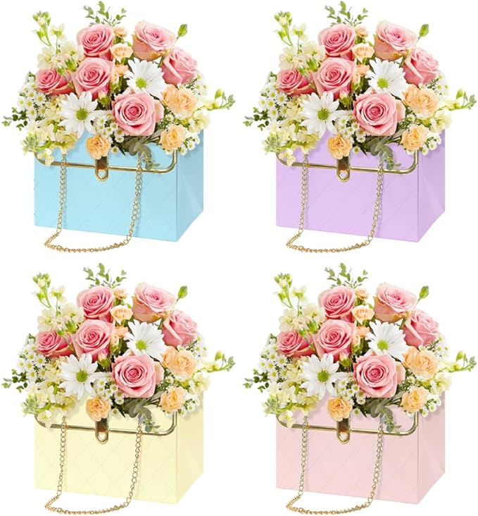 Florist Bouquet Paper Gift Box,4 Pack Folding Bouquet Flower Wrapping Boxes with Metal Chain Handle Basket Packaging Handb...