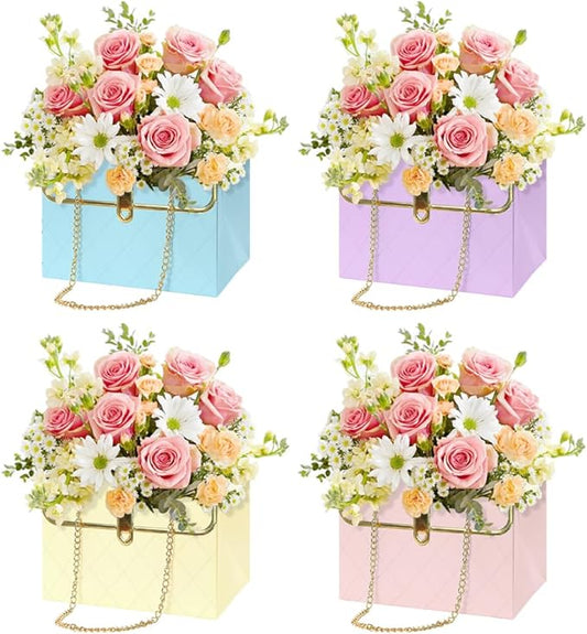 Florist Bouquet Paper Gift Box,4 Pack Folding Bouquet Flower Wrapping Boxes with Metal Chain Handle Basket Packaging Handb...
