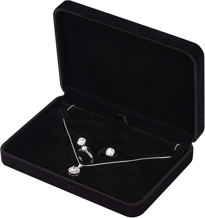 LETURE Large Velvet Jewelry Set Box, Big Ring Earring Pendant Gift Box, Pearl/Chunky Necklace Jewelry Storage Case (Black)