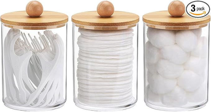 Tbestmax 10 Oz Cotton Swab/Ball/Pad Holder, Qtip Apothecary Jar, Clear Bathroom Containers Dispenser for Storage 3 Pack Wo...