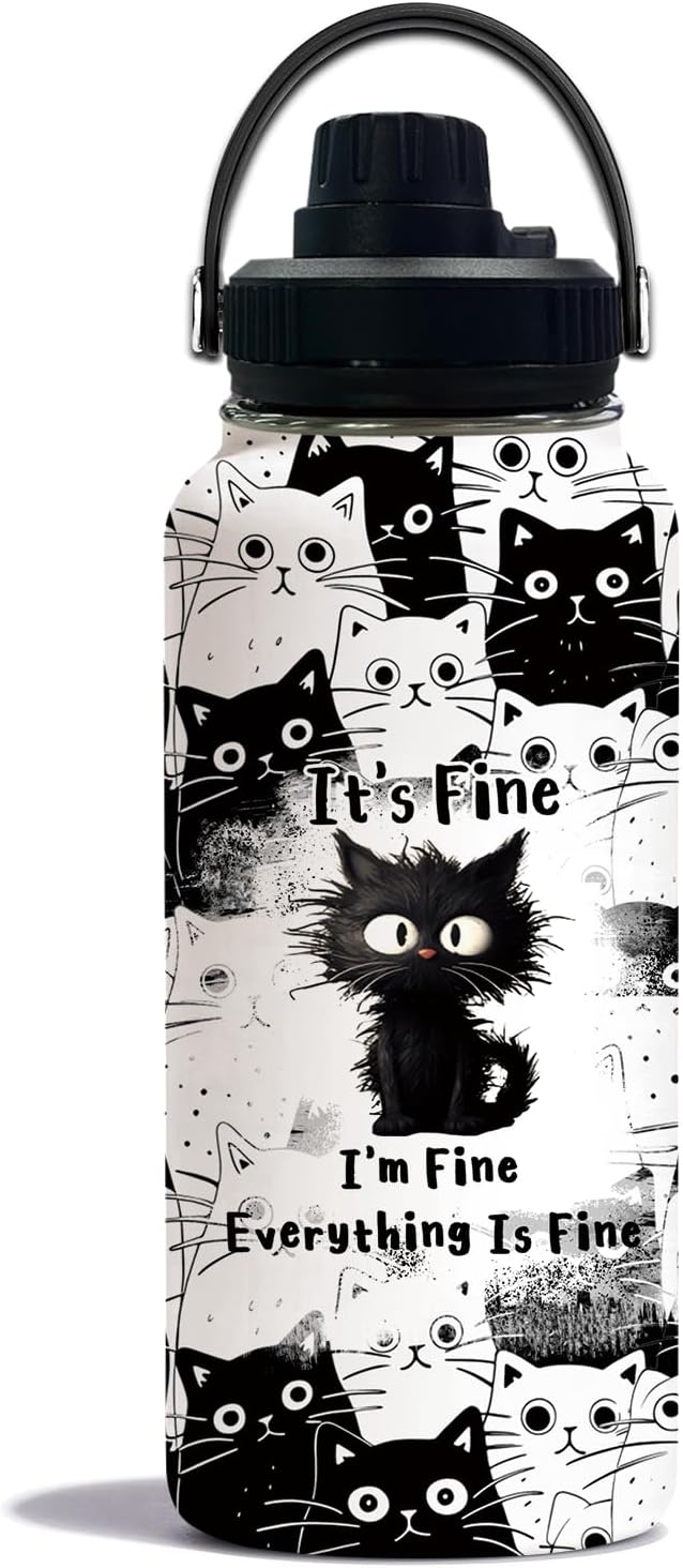 WWHSAI Cat Lover Gifts, Everything Is Fine I'm Fine Black Cats Water Bottle Travel Tumbler 32Oz, Christmas Birthday Gift f...