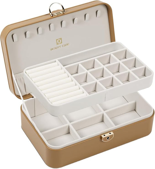 BEAUTY CASE Jewelry Box Organizer for Women Girls, 2 Layer Large Jewelry Storage Case, PU Leather Display Jewelry Holder w...