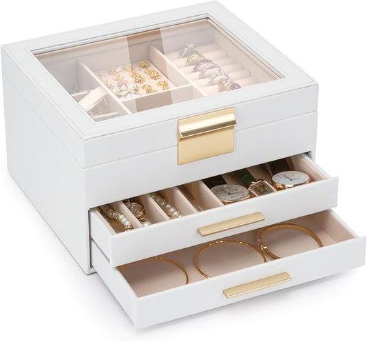 JBAOWEI Jewelry Box for Women, 3-Layer Jewelry Box, Jewelry Organizer with Clear Glass Lid and Drawers, Jewelry Organizers...