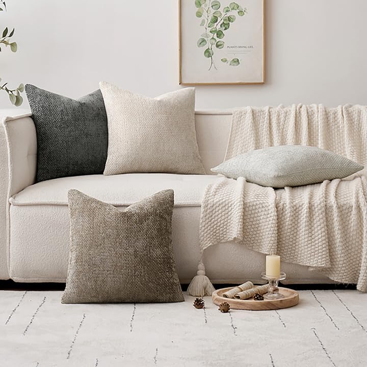 MIULEE Pack of 4 Couch Throw Pillow Covers 18x18 Inch Neutral Soft Decorative Chenille Pillow Covers Farmhouse Boho Cushio...