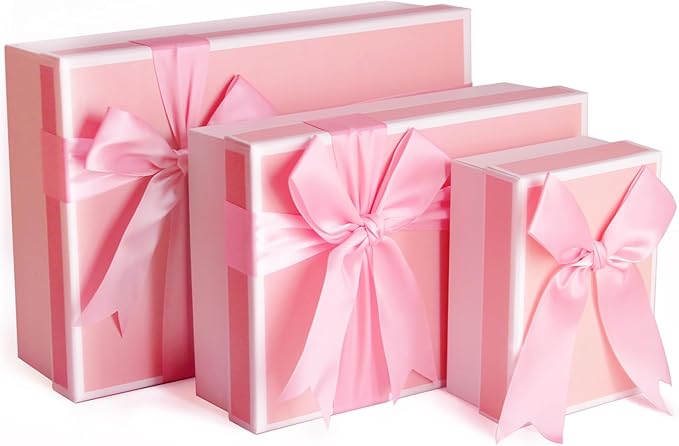 Airuisike Gift Boxes With Lids For Presents, Set Of 3 Pink Gift Wrap Boxes With Ribbon, Assorted Boxes For Presents, Sturd...