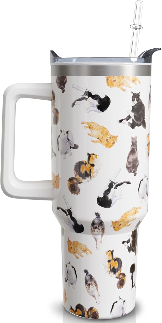 qoepfnsh 40 oz Cat Tumbler with Handle and Straw, Stainless Steel Vacuum Insulated Travel Coffee Mug Cup Water Bottle, Cat...