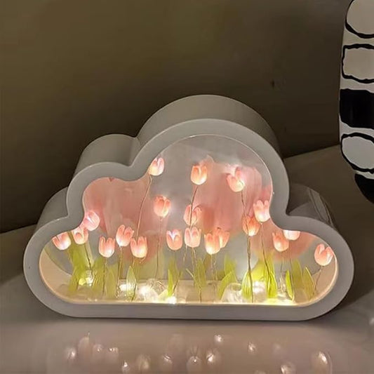 Yckeogln DIY Cloud Tulip Mirror Night Light, Simulation Flower Bedroom Cloud Tulip Table Lamp, Creative Home Decoration, R...