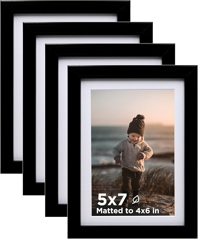 KINLINK 5x7 Picture Frame Black Set of 4, Wooden Photo Frames Matted 4x6 with Plexiglass for 4x6 with Mat or 5x7 without M...