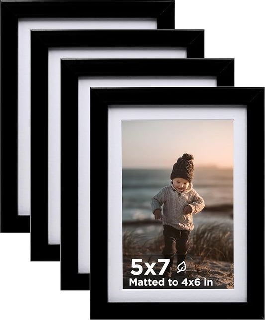 KINLINK 5x7 Picture Frame Black Set of 4, Wooden Photo Frames Matted 4x6 with Plexiglass for 4x6 with Mat or 5x7 without M...