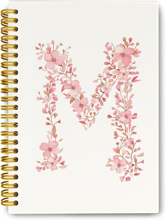 QROZIAR Pink Cute Spiral Notebook Journal, Preppy Floral Initial Letter M Personalized Journaling Notebooks, Monogrammed G...