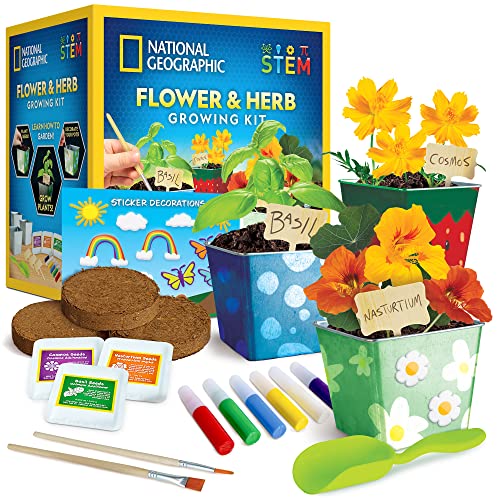 National Geographic Flower & Herb Gardening Kit for Kids - Gardening Set with 3 Stainless Steel Pots, Paint & Stickers, Ki...