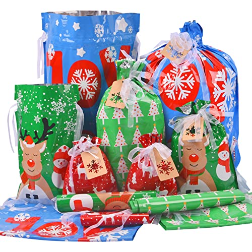 Christmas Gift Bags Assorted Sizes, 22pcs Drawstrings Christmas Bags For Gifts, Presents Wrapping Bags Favor Goody Bags Re...