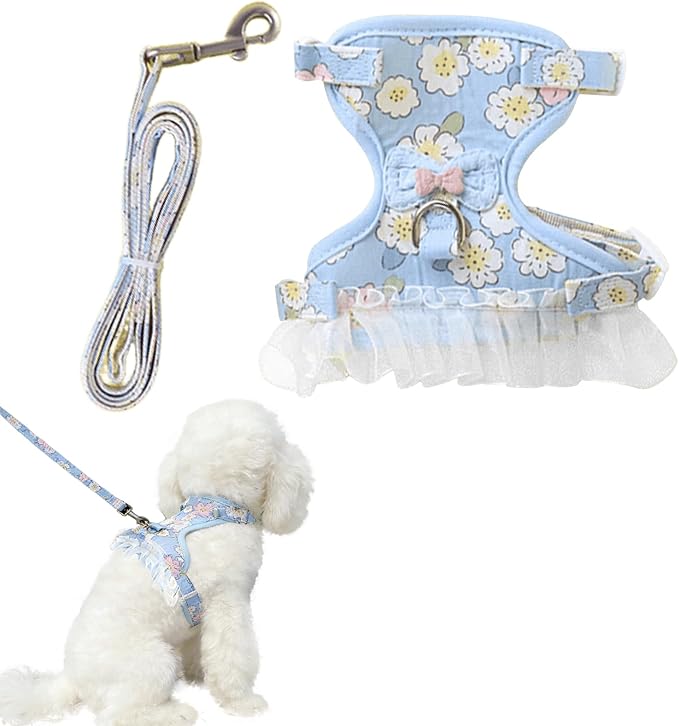 Cat Harness and Leash Set, Sweet Floral Kitten Collar, Escape Proof Small Dog Harness with Organza Ruffles, Cute Blue Dog ...