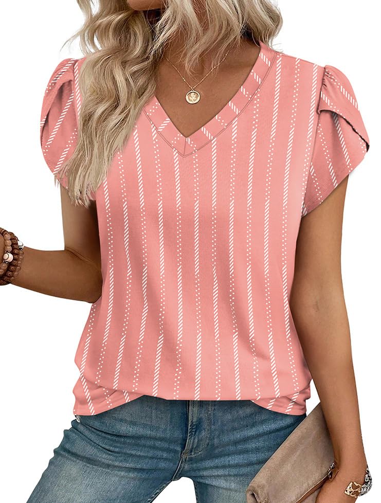 WIHOLL Womens Tops Dressy Casual Petal Sleeve Summer Spring Short Sleeve V Neck Shirts Work Business Vacation Clothes 2026