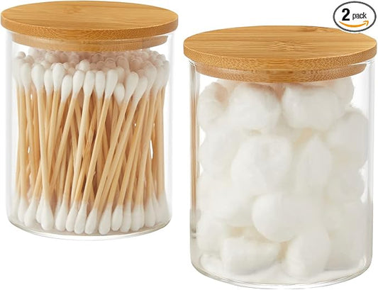 INIUNIK Glass Qtip Holder Dispenser with Bamboo Lid - 2 Pack Apothecary Jars - Cotton Balls Pads Swabs Holder Jar - Bathro...