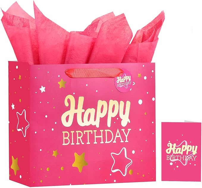 Powbrace 13" Pink Happy Birthday Gift Bag with Tissue Paper and Greeting Card for Party,Happy Birthday Gift Bag for Men Wo...