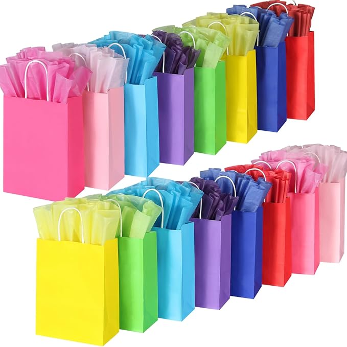BLEWINDZ 32 Pieces Gift Bags with 32 Tissues, 8 Colors Party Favor Bags with Handles, Rainbow Gift Bag for Wedding, Birthd...
